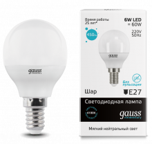 Лампа светодиодная GAUSS шар E14 10W 4100К